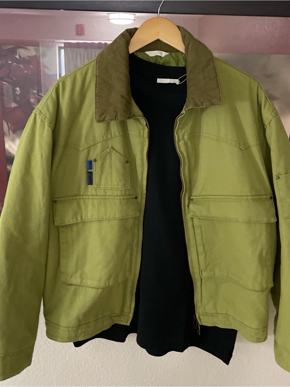 Zara Olive Green Field Jacket with Brown Corduroy Collar